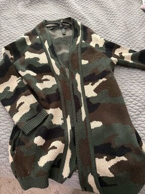 Aqua Camouflage Open-Front Sweater Cardigan in Green, Brown, Black, Cream